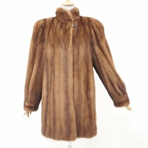 美品【 銀 SAGA MINK / シンプルデザイン 】 高級毛皮 パステルミンク ◆セミロングコート 85cm丈 ◆ブラウン ◆サイズ FREE 大き目◆U476Y