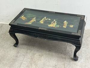 T698☆中国美術　ローテーブル　翡翠　天然石　彫刻　漆塗り　螺鈿細工　座卓