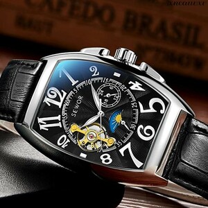 高品質な 腕時計 ブラックシルバー 自動巻き メンズ 革 ウォッチ カジュアル ビジネス 自動 オシャレ モダン 男性 腕時計 プレゼント