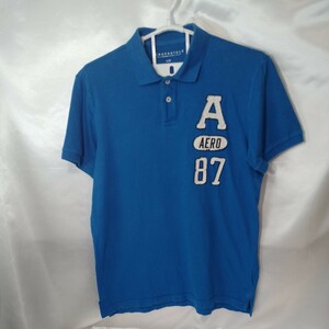 zcl-f48♪米国ユーズドエアロポステール AEROPOSTALE立体刺繍ポロシャツ USサイズ-L(日本サイズXL相当)無地ブルー