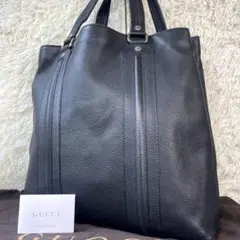 【美品】GUCCI グッチ ビジネストートバッグ 極上シボ革 ロゴ刻印 ブラック