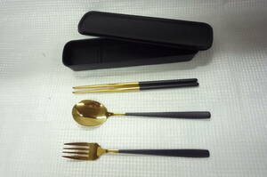 箸とフォークとスプーン 3点セット 　カラトリー　樹脂　金メッキ製　ケース入り