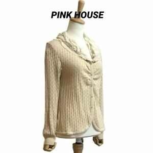 【PINK HOUSE】 レースフリル襟 透かし編み ニットカーディガン