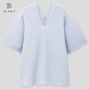 【大幅値下げ】新品タグ付き ユニクロ UNIQLO 3DコットンプリーツVネックセーター 5分袖 綿100％ 美しいシルエット柔らかな風合い XLブルー