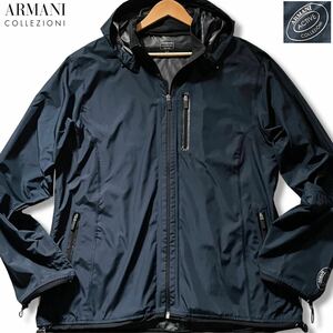 美品/XXLサイズ●アルマーニ コレツィオーニ ナイロンパーカー フードジャケット ARMANI COLLEZIONI コーティング 撥水 防風 袖ロゴ 3L