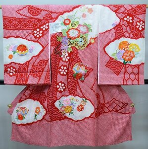 お宮参り産着 正絹 のしめ 女児 着物 高級 絞り 総刺繍 綸子地 赤地 花車 毬 女の子 祝着 一つ身 掛け着 初着 新品（株）安田屋 NO39692