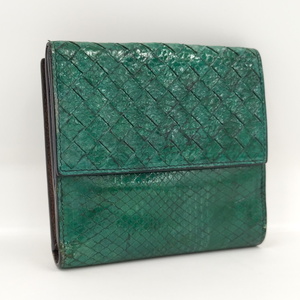 【中古】BOTTEGA VENETA Wホック 二つ折り財布 イントレチャート 型押し レザー グリーン 16320