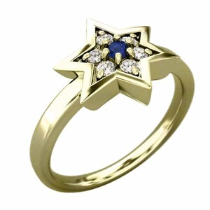 k18イエローゴールド ダビデの星 指輪 ブルーサファイア 天然ダイヤモンド 六芒星中サイズ