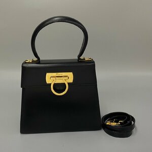 1円 美品 Salvatore Ferragamo サルヴァトーレ フェラガモ ガンチーニ カーフ レザー 2way ハンドバッグ ショルダーバッグ ブラック 28972