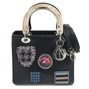 【栄】ディオール バッグ LADY DIOR レディディオール メタルハンドル パッチワーク BK GD/SV金具 革 女性 2WAY 袋