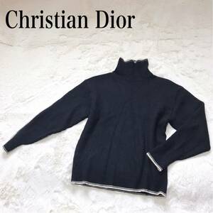 希少 Christian Dior MONSIEUR ハイネック 長袖 ニット リブニット セーター クリスチャン ディオール レディース ブラック ホワイト