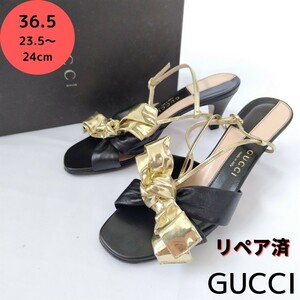 良品箱付き☆GUCCI【グッチ】バイカラー リボン サンダル 黒