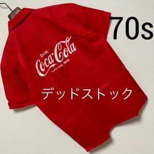 70s デッドストック■Coca Cola コカコーラ■オープンカラー シャツ F 赤 レッド 開襟 半袖 Lake Field Vintage オールド 新品未使用