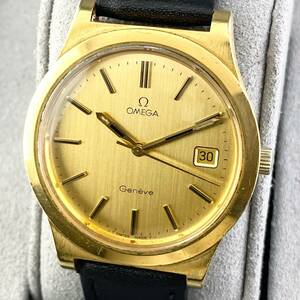 【1円〜】OMEGA オメガ 腕時計 メンズ AT 自動巻 Geneve ジュネーブ ゴールド文字盤 ラウンドフェイス アンティーク デイト 可動品