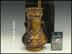 【銀閣】中国美術 鉄釉 梅枝耳 瓶 高20.5cm 旧家蔵出(YB891)