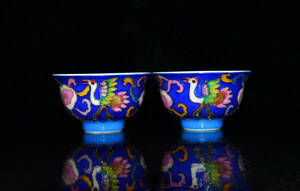 ▽鴻▽ 明 永樂年製款 古陶瓷品 仙鶴紋 供杯一對 置物 古賞物 中国古玩 中国古美術