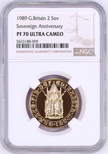 1989年 イギリス エリザベス2世 ソブリン発行500年記念 2ソブリン 2ポンド プルーフ金貨 NGC PF70 UC チューダーローズ アンティークコイン