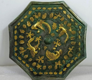 漢代　描金　対鳳紋青銅鏡