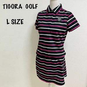 美品　TIGORA GOLF ティゴラゴルフ　ワンピース ボーダー ゴルフウェア 半袖ポロワンピース ブラック/ピンク/ホワイト　Lサイズ