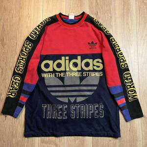 【希少】90s ビンテージ adidas アディダス スウェット トレーナー 袖プリント メッシュ デサント社製 メンズ ヴィンテージ 古着 R-3446