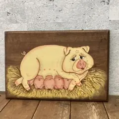 ユニーク雑貨 木製 筆画 豚 大家族 子豚 ウォールアート 壁掛け レトロ