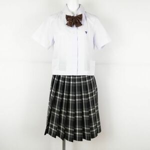 1円 ブラウス チェックスカート リボン 上下3点セット 夏物 女子 学生服 中学 高校 白 制服 中古 ランクC NA0641