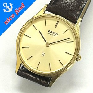 ◆セイコー SEIKO◆ラウンドフェイス 7820-7030 クォーツ 腕時計 メンズ ウォッチ ゴールド文字盤 SS レザーブレス 不動品