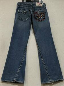 ※TRUE RELIGION トゥルーレリジョン JOEY 刺繍 ダメージ加工デニムパンツ インディゴ 未裾直 米国製 30 　　　 BJBD.C