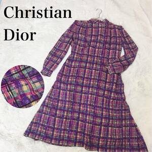 希少 Christian Dior シルク チェック シャツワンピース 総柄 クリスチャンディオール ヴィンテージ パープル マルチカラー 総柄 紫