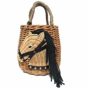 美品 LUDLOW ラドロー Horse basket ホースバスケット 馬モチーフ かごバッグ ハンドバッグ ベージュ×ブラック