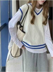 ニットベスト トップス ジレ Vネック 制服 レディース スクールベスト 無地 通学 フリー ネイビー