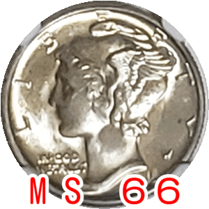 【ラッキーアイテム！】銀貨　1ダイム　マーキュリーダイム　最終年発行　自由の女神　アメリカ　1945年　MS66　NGC H024
