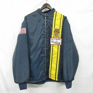 70s USA製 サイズ S Vintage レーシング ジャケット ナイロン ジャンパー ボアライナー ワッペン ネイビー 古着 ビンテージ 3F2513