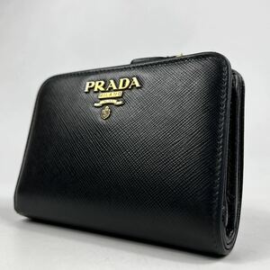 1円〜【入手困難品】 PRADA プラダ 二つ折り財布 L字ファスナー ブラック 黒 サフィアーノレザー ロゴ コンパクトウォレット ゴールド 