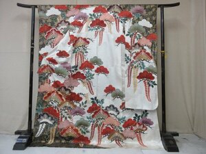 1円 良品 正絹 着物 振袖 縮緬 式典 和装 金彩 金駒刺繍 松 藤 花柄 成人式 高級 袷 身丈168cm 裄69cm ◆逸品◆【夢職】★★★★