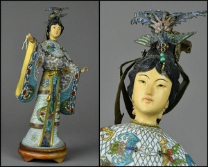 中国美術 唐物 銅製 七宝 天女彫刻 置物 唐木台 飾り物 古美術品 高さ36.5cm