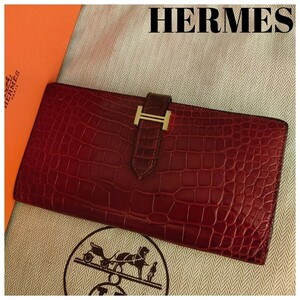 定価１３０万円超【極美品/唯一無二】エルメス HERMES ベアンスフレ アリゲーター 長財布 ゴールドH金具 シャイニングレッド センター取り