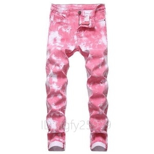 H81☆新品 花柄 メンズジーンズ ビンテージ加工　スキニーパンツ 5色　Ｗ28～Ｗ42サイズ選択　レッド系