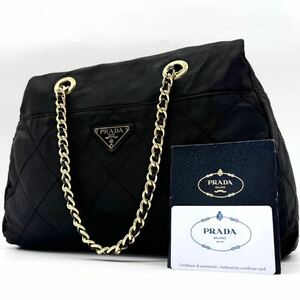 2320【美品】PRADA プラダ チェーンショルダーバッグ ハンド トート ビジネス 通勤鞄 三角ロゴ ゴールド金具 キルティング ナイロン レザー