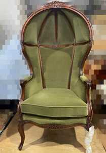 鋤1)アームチェア 木製 椅子 猫脚 洋風 ディスプレイ アンティーク風 ヴィンテージ風 ポーターズチェア 緑 モケットグリーン(220323)