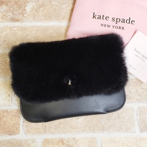 ケイトスペード ファー フラップ レザー ポーチ ミニクラッチバッグ 黒　ブラック kate spade new york