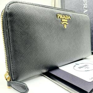 【極美品】PRADA プラダ サフィアーノ 長財布 ラウンドファスナー ブラック 黒 レザー メンズ レディース ジップ 箱 ギャランティ