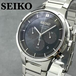 【新品即納】セイコー クロノグラフ SEIKO SSC439 ソーラー 43mm デイト メンズ腕時計 男性用 ブラック シルバー 海外モデル プレゼント