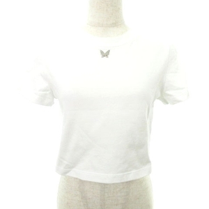 美品 ディジット バタフライ ロゴ チビ Tシャツ バッジ 半袖 短丈 クルーネック 薄手 XSサイズ 白 ホワイト ■052 レディース
