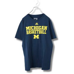 adidas　アディダス　プリントTシャツ　MICHIGAN　ミシガン　ロゴ　L　ネイビー　BA435 古着　ヴィンテージ　スポーツ　カレッジ　紺　黄色