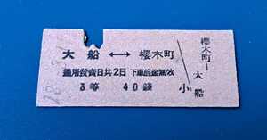 戦前・乗車券　GJR・てつだうしやう(鉄道省)　大船－櫻木町　3等　40錢　昭和18年、櫻木町驛發行