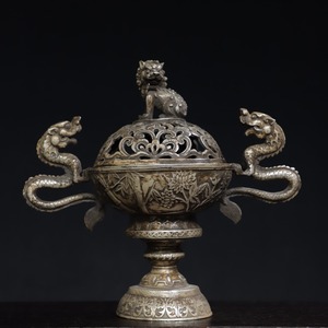中國 清代 銅製 鍍銀 双耳龍燻香炉 香道具 時代物 中國古美術 賞物 極細工 置物 擺件 唐物 YF158
