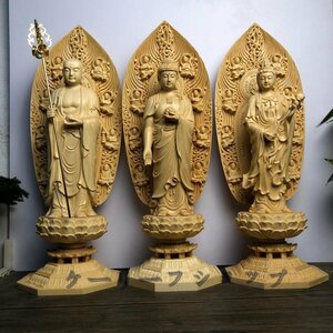 【ケーリーフショップ】 仏教美術 精密彫刻 仏像　木彫　阿弥陀三尊像　檜木