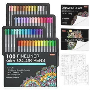 ◆送料無料 Shuttle Art 水性ペン 100色セット 極細ラインペン 0.4ｍｍ 塗り絵 スケッチブック付き カラーペンセット 細書きペン