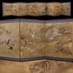 慶應◆江戸時代 狩野派の力作 肉筆古画 紙本彩色 韃靼人狩猟図屏風 八曲一隻